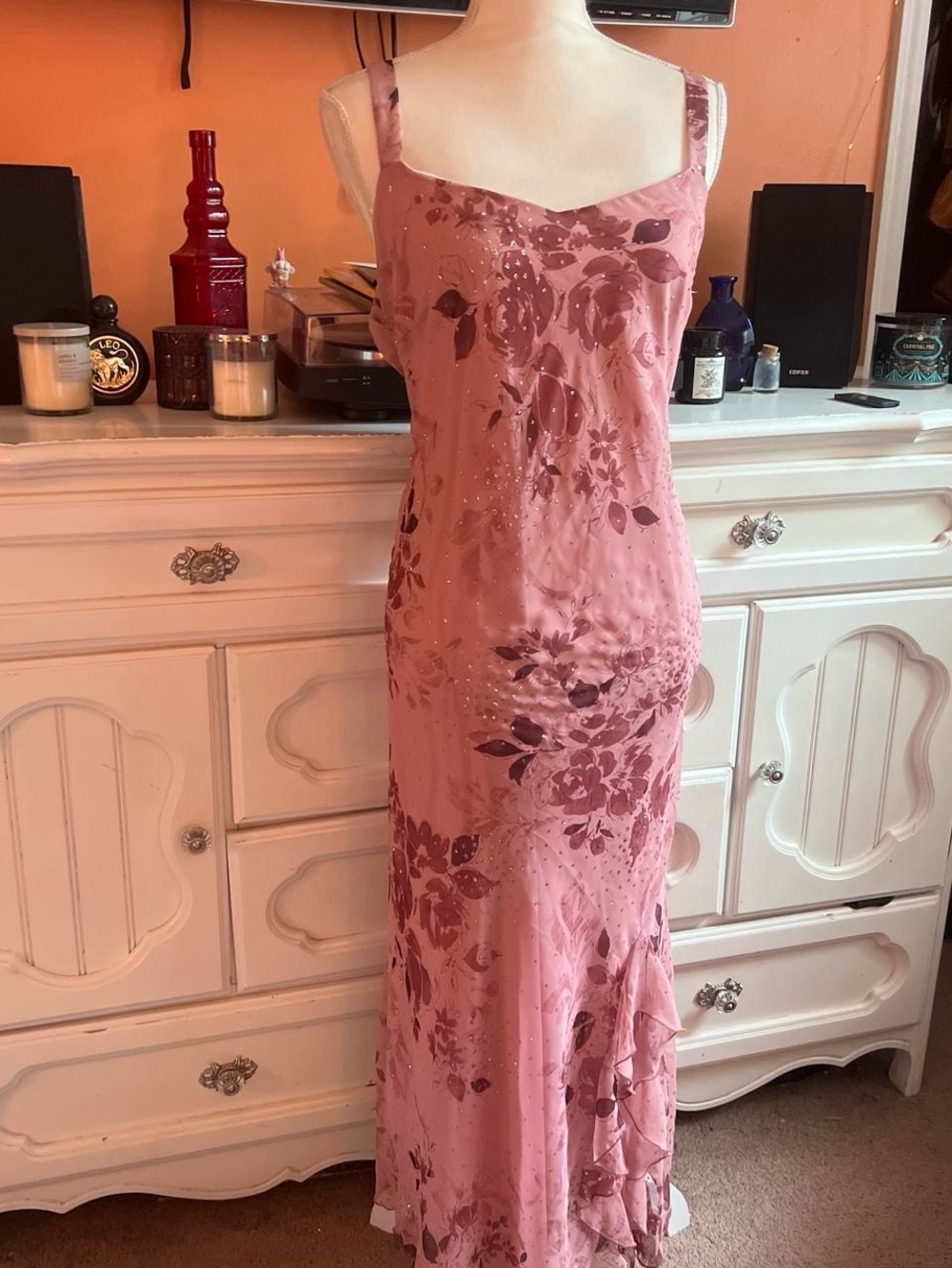 R & M Richards Rose Pink Floral Satin Maxi Dress
